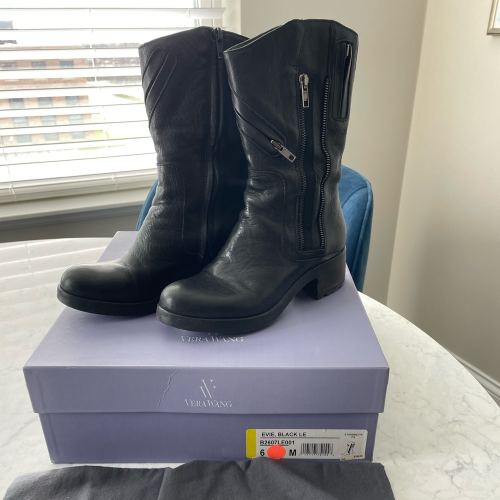 VERA WANG Evie Black Leather Mid-Calf Zipper Moto Stacked Heel Boots. Size 6